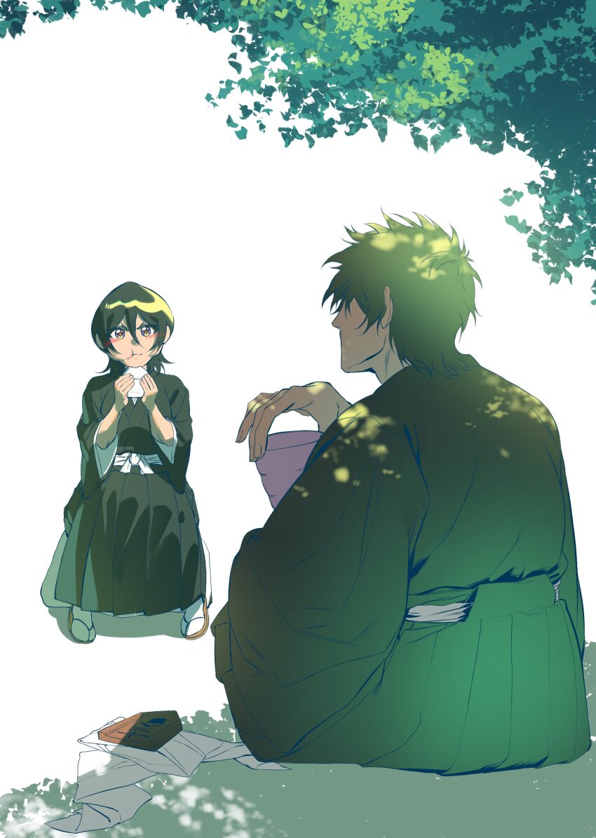 +_+ 1boy 1girl :t absurdres black_hair black_hakama black_kimono bleach closed_mouth commentary_request cup double-parted_bangs eating food food_on_face full_body hair_between_eyes hakama hands_up highres holding holding_cup holding_food japanese_clothes jyeo10095265 kimono korean_commentary kuchiki_rukia long_sleeves looking_at_another looking_at_viewer medium_hair onigiri purple_eyes shiba_kaien shihakusho short_hair simple_background sitting spiked_hair tabi v-shaped_eyebrows white_background