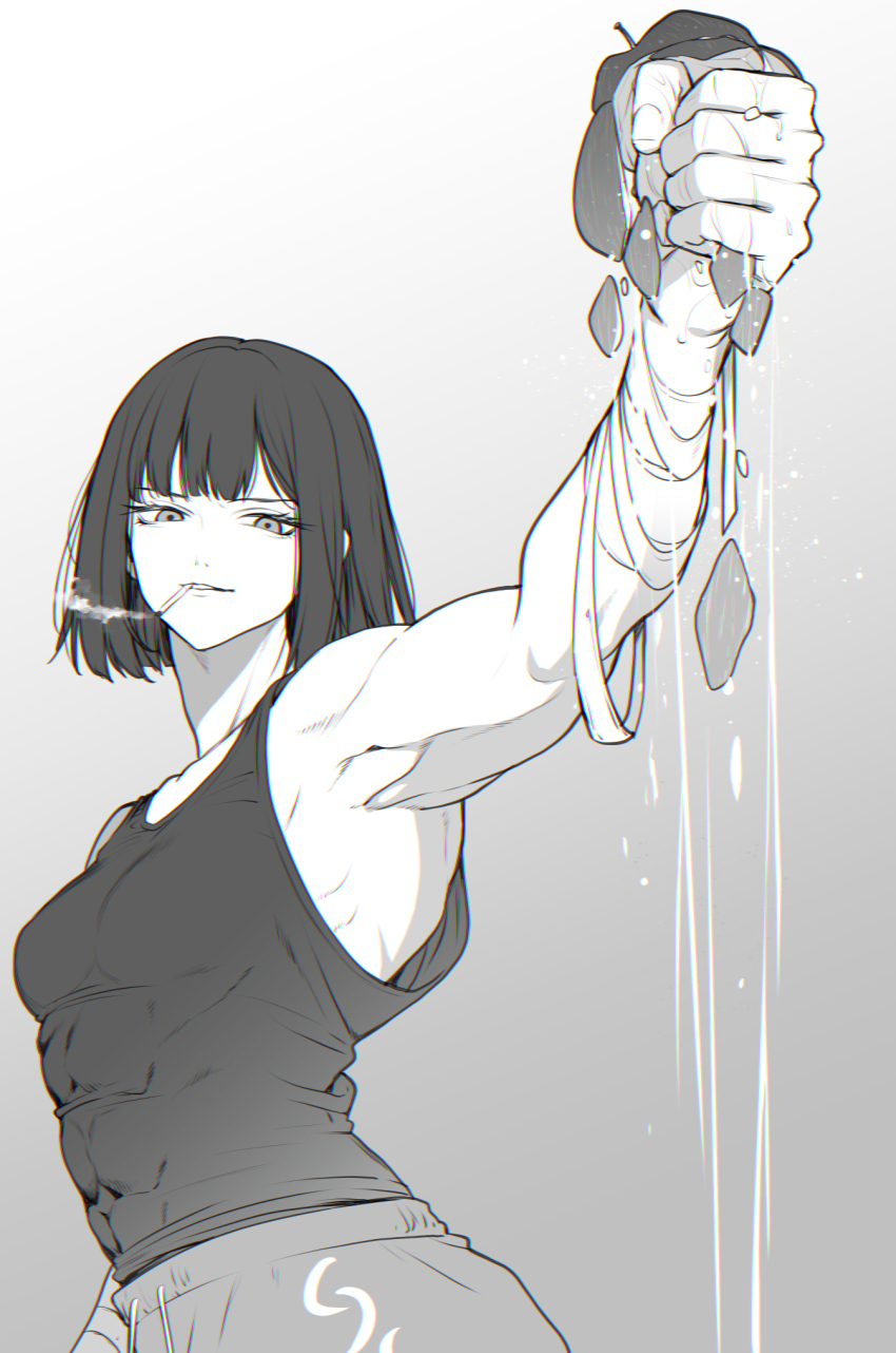 1girl abs apple arm_up arm_wrap armpits bob_cut breasts cigarette cowboy_shot crushed food fruit highres limbus_company maki_maki_(makimakipoipoi) medium_breasts muscular pants project_moon ryoshu_(project_moon) short_hair simple_background smoking solo sweatpants tank_top toned toned_female