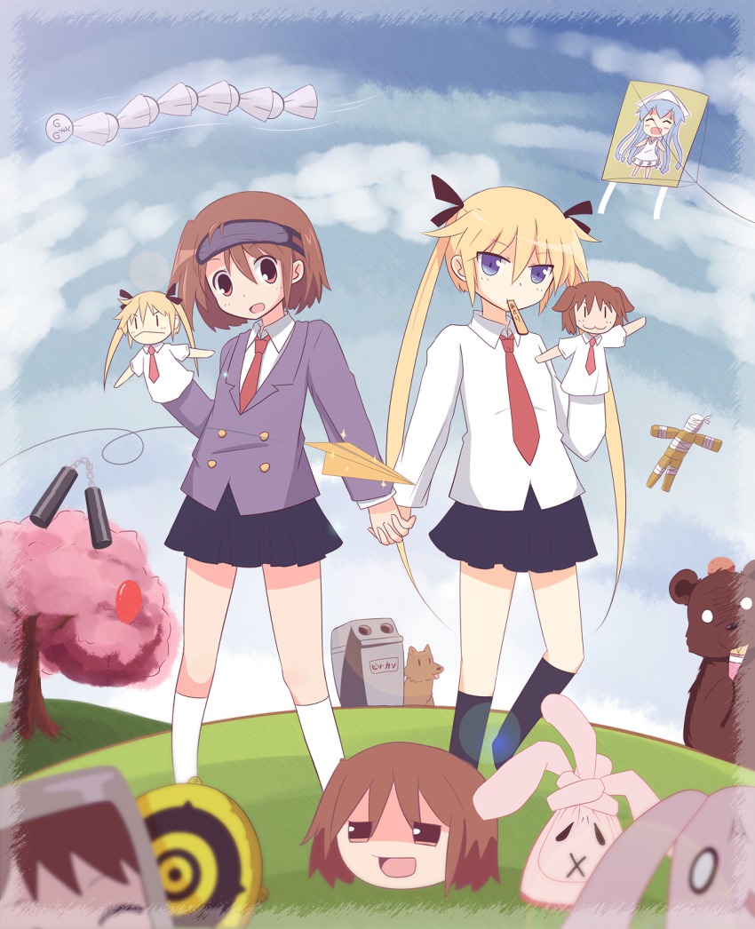 2girls bear blonde_hair blue_eyes brown_eyes brown_hair fukodesu hair_ribbon hand_puppet henohenomoheji highres holding_hands ikamusume kill_me_baby kite long_hair multiple_girls necktie nunchaku open_mouth oribe_yasuna paper_airplane puppet pyonsuke red_necktie ribbon school_uniform shinryaku!_ikamusume short_hair skirt sonya_(kill_me_baby) stuffed_animal stuffed_toy teruterubouzu twintails straw_doll weapon yukkuri_shiteitte_ne