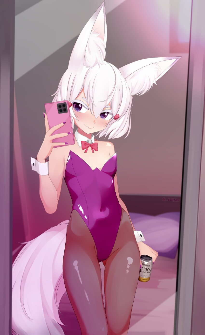 1girl absurdres alternate_costume animal_ear_fluff animal_ears bare_shoulders beer_can black_nails bow bowtie breasts can cellphone chenki_(chenki) collar detached_collar drink_can fishnet_pantyhose fishnets fox_ears fox_girl fox_tail full-length_mirror highres hip_dips holding holding_can holding_phone leotard looking_at_mirror made_in_2024 mirror mirror_selfie nail_polish pantyhose phase_connect phone playboy_bunny purple_eyes purple_leotard red_bow red_bowtie selfie small_breasts smartphone smile solo strapless strapless_leotard tail tenma_maemi virtual_youtuber white_collar white_eyes white_hair white_wrist_cuffs wrist_cuffs yebisu