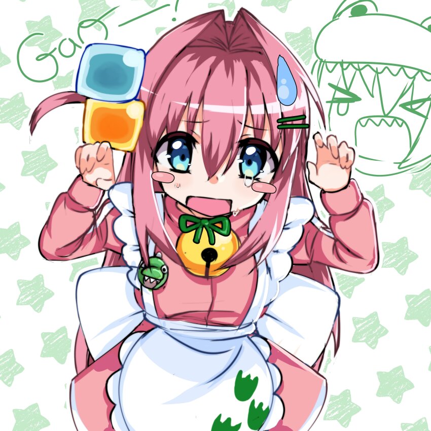 1girl 2000s_(style) absurdres alternate_costume bell blue_eyes blush_stickers bocchi_the_rock! claw_pose commentary cube_hair_ornament dollymemeko dress english_commentary enmaided gao gotoh_hitori hair_intakes hair_ornament highres jingle_bell long_hair looking_at_viewer maid one_side_up open_mouth outline pink_dress pink_hair solo standing sweatdrop white_outline