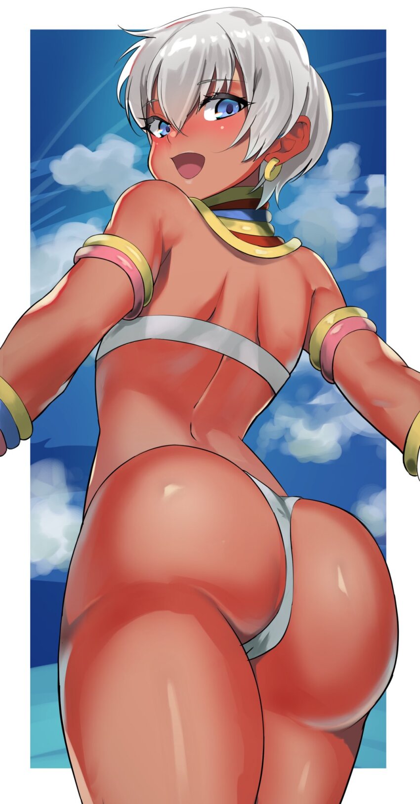1girl ass bikini blue_eyes blue_sky blush cloud dark-skinned_female dark_skin earrings elena_(street_fighter) from_behind from_below highres jewelry looking_back sato_one1 short_hair sky smile street_fighter swimsuit white_hair