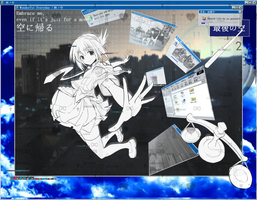 1girl absurdres capelet chinese_commentary closed_mouth commentary_request english_text folded_ponytail full_body glitch highres looking_at_viewer microsoft_windows miniskirt mixed-language_text necktie pleated_skirt school_uniform shirt shoes short_hair short_sleeves skirt smile solo subarashiki_hibi tachibana_kimika thighhighs translation_request weighing_scale window_(computing) windows_98 windows_classic xinggong_shili