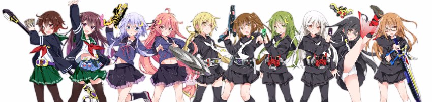 &gt;:) 6+girls :o absurdres belt black_hair black_serafuku black_skirt black_socks blonde_hair blush brown_eyes brown_hair card commentary_request copyright_request crescent crescent_hair_ornament crescent_pin fumizuki_(kancolle) gaia_memory glasses green_eyes green_hair gun hair_between_eyes hair_ornament highres holding holding_card holding_sword holding_weapon kamen_rider kamen_rider_555 kamen_rider_blade_(series) kamen_rider_den-o_(series) kamen_rider_fourze kamen_rider_fourze_(series) kamen_rider_kiva_(series) kamen_rider_leangle kamen_rider_w kantai_collection kicking kikuzuki_(kancolle) kisaragi_(kancolle) kivat-bat_iii kneehighs leg_up loafers long_hair long_image long_sleeves looking_at_viewer lost_driver low_twintails mikazuki_(kancolle) mochizuki_(kancolle) monster mtu_(orewamuzituda) multiple_girls mutsuki_(kancolle) nagatsuki_(kancolle) neckerchief necktie open_mouth panties pantyhose pantyshot parody pleated_skirt pointing pointing_at_viewer ponytail red_eyes rider_belt riderman satsuki_(kancolle) school_uniform serafuku shoes skirt smile socks standing standing_on_one_leg super_sentai sword thighhighs thighs twintails underwear uzuki_(kancolle) v-shaped_eyebrows very_long_hair weapon white_hair white_legwear white_necktie white_panties wide_image wings yayoi_(kancolle) yellow_eyes zyuden_sentai_kyoryuger