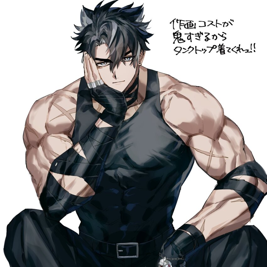 1boy bandaged_arm bandages belt belt_buckle biceps black_belt black_gloves black_hair black_pants black_shirt blue_eyes buckle chain closed_mouth collarbone commentary_request covered_abs domo_(domo_kizusuki) earrings elbow_rest facial_scar fingerless_gloves genshin_impact gloves grey_hair hair_between_eyes hand_up head_rest highres jewelry looking_at_viewer male_focus multicolored_hair multiple_scars muscular muscular_male pants parted_bangs pectorals scar scar_on_arm scar_on_cheek scar_on_face scar_on_neck scar_on_shoulder shirt short_hair simple_background sitting sleeveless sleeveless_shirt smile solo streaked_hair stud_earrings translation_request v-shaped_eyebrows white_background wriothesley_(genshin_impact)