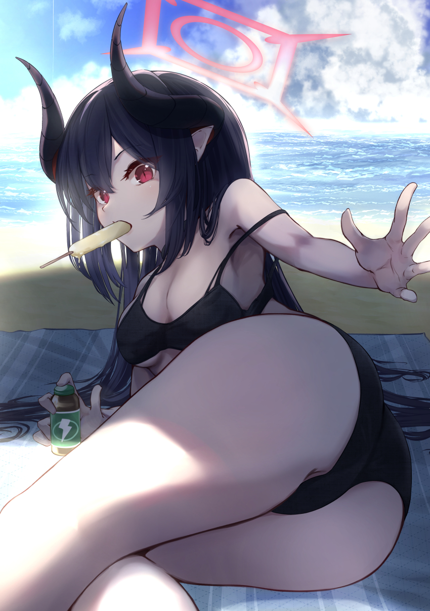 1girl absurdres ass beach beach_mat bikini black_bikini black_hair blue_archive blue_sky breasts chiaki_(blue_archive) cloud cloudy_sky commentary_request energy_drink halo highres huge_ass kokage_yugure long_hair looking_at_viewer medium_breasts outdoors red_eyes red_halo sky solo strap_slip swimsuit thighs