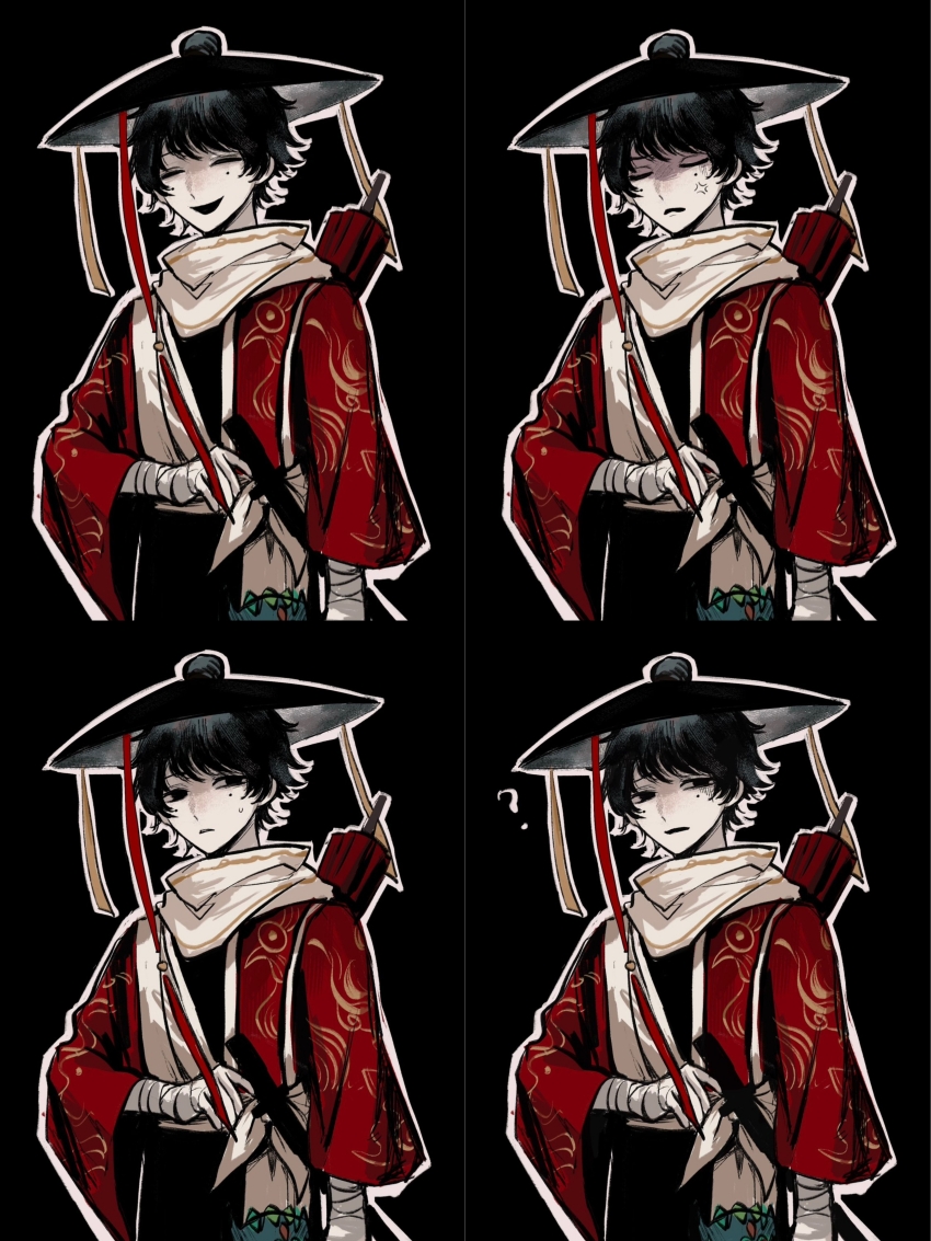1boy ? absurdres anger_vein bandaged_arm bandages black_eyes black_hair black_hat cen_boyao chinese_commentary closed_eyes closed_mouth closed_umbrella commentary_request cowboy_shot e666lofter4 hair_bun hair_through_headwear hat highres huayangshan_jishi jacket male_focus mole mole_under_each_eye mole_under_eye multiple_moles open_clothes open_jacket open_mouth outline red_jacket red_umbrella scarf shaded_face short_hair simple_background smile sweat umbrella variations white_outline white_scarf wide_sleeves