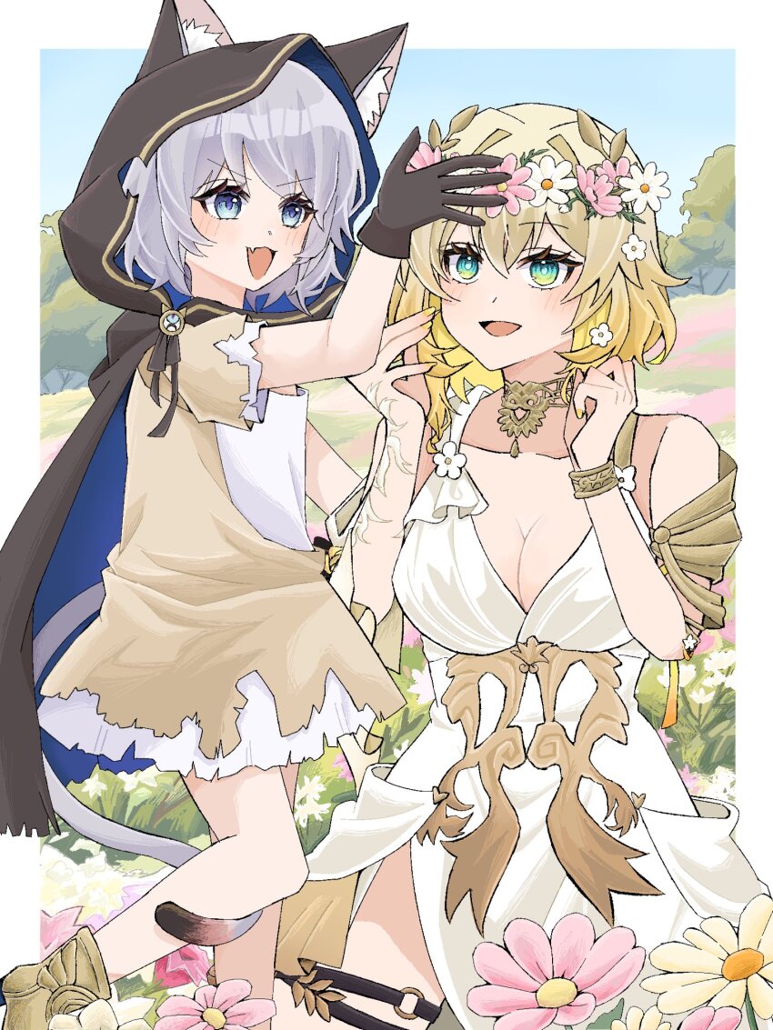 2girls aglaea_(honkai:_star_rail) animal_ears animal_hood black_gloves blonde_hair blue_eyes blue_sky border breasts brown_dress cat_ears cat_girl cat_hood cat_tail cipher_(honkai:_star_rail) cleavage commentary_request dress fang gloves green_eyes grey_hair head_wreath highres honkai:_star_rail honkai_(series) hood large_breasts laurel_crown multiple_girls open_mouth outdoors panda_neko_0306 short_hair skin_fang sky smile tail thigh_strap tree white_border white_dress