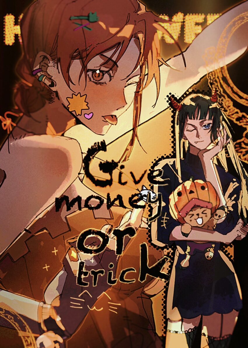 &gt;_&lt; 1boy 2girls black_dress black_hair blunt_bangs carrying commentary dress fangs hand_on_own_face highres horns long_hair looking_at_viewer multiple_girls nami_(one_piece) nico_robin one_eye_closed one_piece onecata11 orange_dress orange_eyes orange_hair orange_nails orange_theme profile pumpkin red_horns short_dress thighhighs tony_tony_chopper