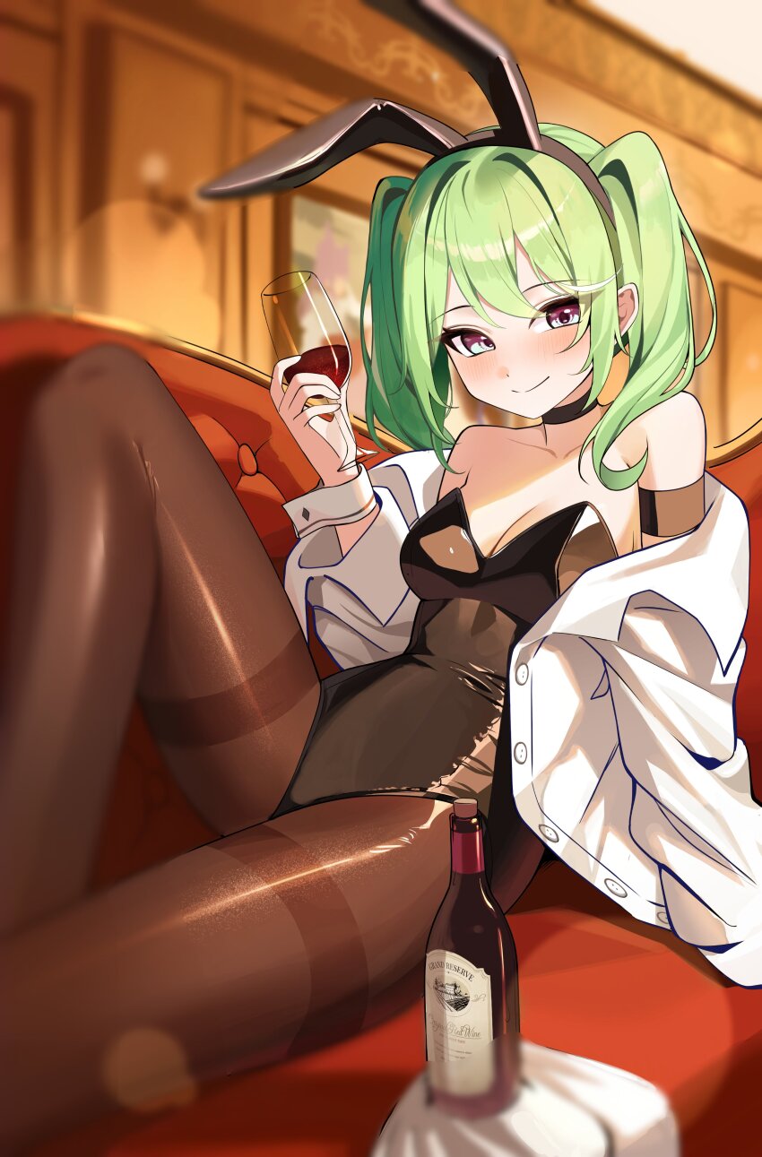 1girl absurdres animal_ears arm_strap bare_shoulders black_choker black_hairband black_leotard blue_eyes blurry bokeh bottle brown_pantyhose choker closed_mouth cup depth_of_field drinking_glass fake_animal_ears fine_fabric_emphasis g_godocbaek green_hair hairband hashtag-only_commentary highres holding holding_cup jacket knee_up leotard long_hair long_sleeves looking_at_viewer off_shoulder open_clothes open_jacket pantyhose playboy_bunny rabbit_ears sitting smile solo stellive strapless strapless_leotard thighband_pantyhose twintails virtual_youtuber white_jacket wine_bottle wine_glass wrist_cuffs yuzuha_riko