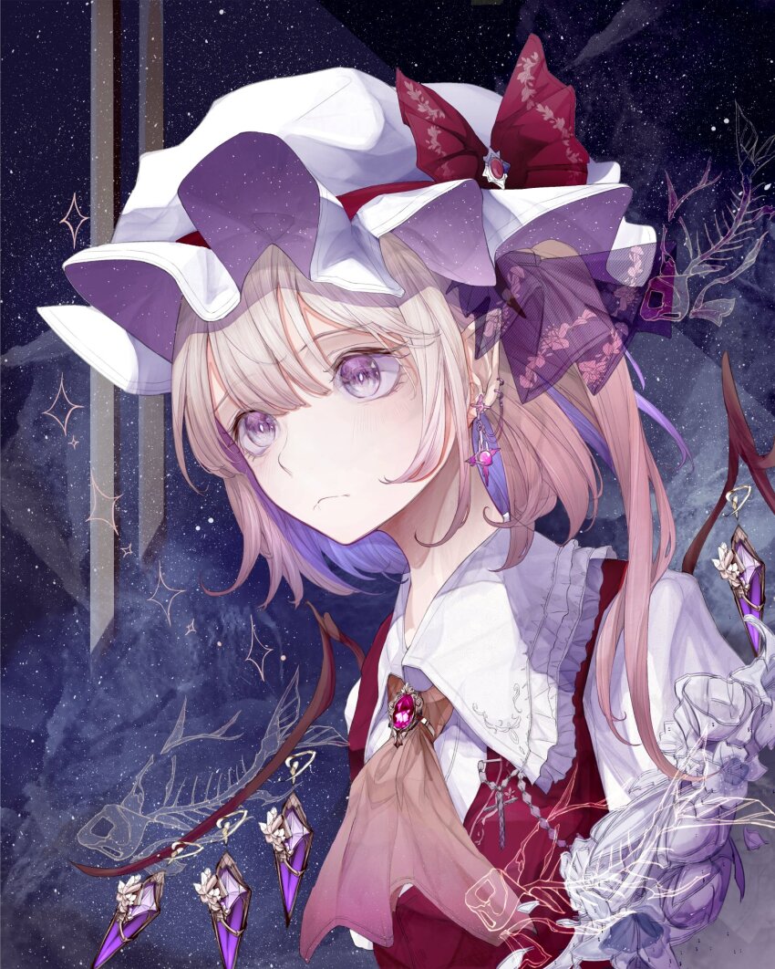 1girl alternate_eye_color ascot blonde_hair bow brooch brown_ascot closed_mouth commentary crystal crystal_wings earrings fasuka fish_skeleton flandre_scarlet frilled_shirt_collar frills hat hat_bow highres jewelry mob_cap multiple_earrings one_side_up pink_brooch pointy_ears portrait puffy_sleeves purple_eyes purple_wings red_bow red_vest see-through_clothes shirt solo sparkle star_(sky) touhou upper_body vest white_hat white_shirt wings