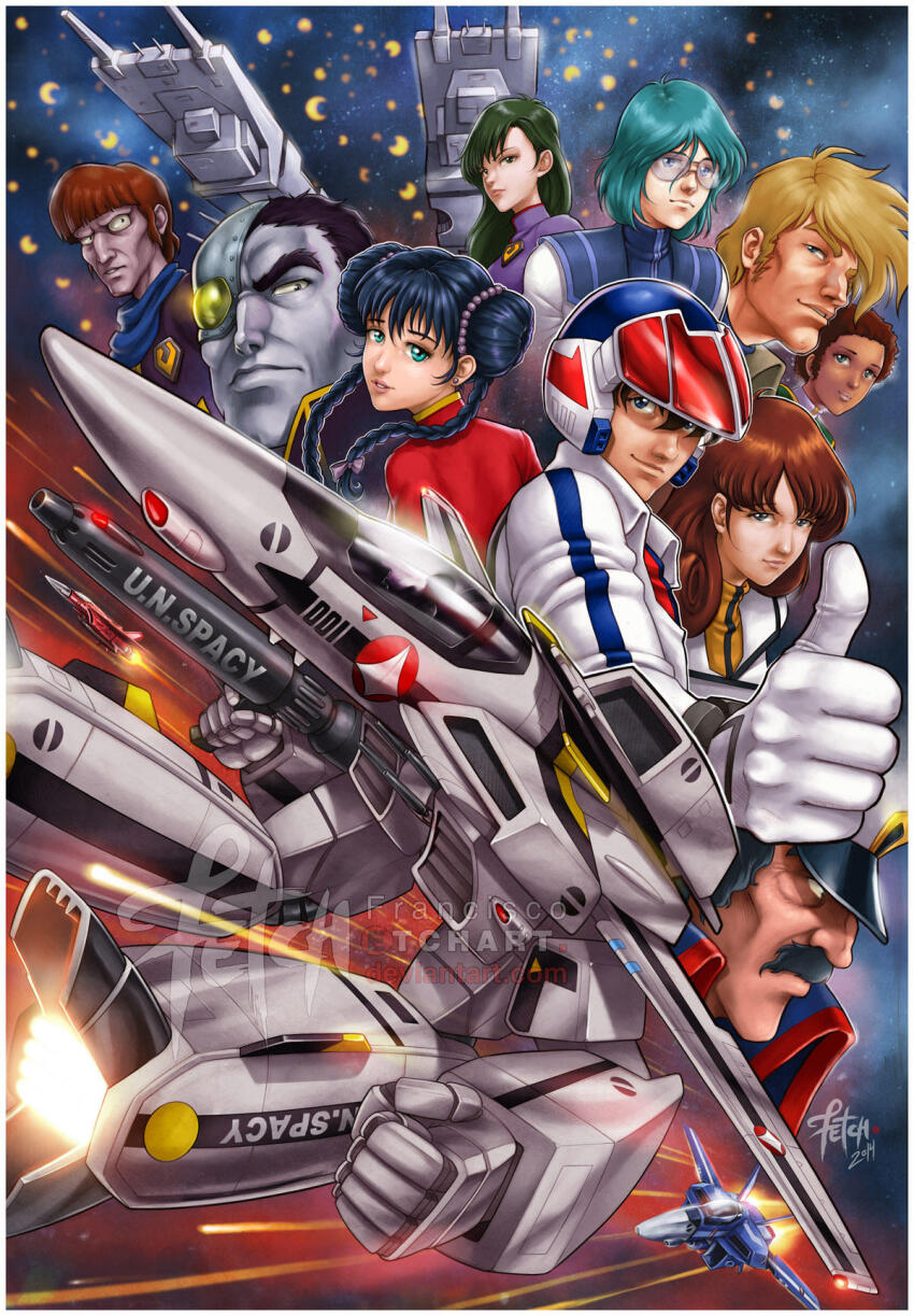 4girls 6+boys battle breetai china_dress chinese_clothes choujikuu_yousai_macross cyborg dress exedore explosion exsedol_folmo faceplate fleet franciscoetchart gerwalk giant global_j._bruno gunpod hayase_misa highres ichijou_hikaru lasalle_claudia lisa_hayes looking_at_viewer lynn_minmay maclone macross maximilian_jenius mecha millia_jenius multiple_boys multiple_girls pilot_suit rick_hunter robot robotech roundel roy_focker science_fiction sdf-1 signature space spacecraft spacesuit thumbs_up u.n._spacy variable_fighter veritech vf-1 vf-1s western_comics_(style) zentradi