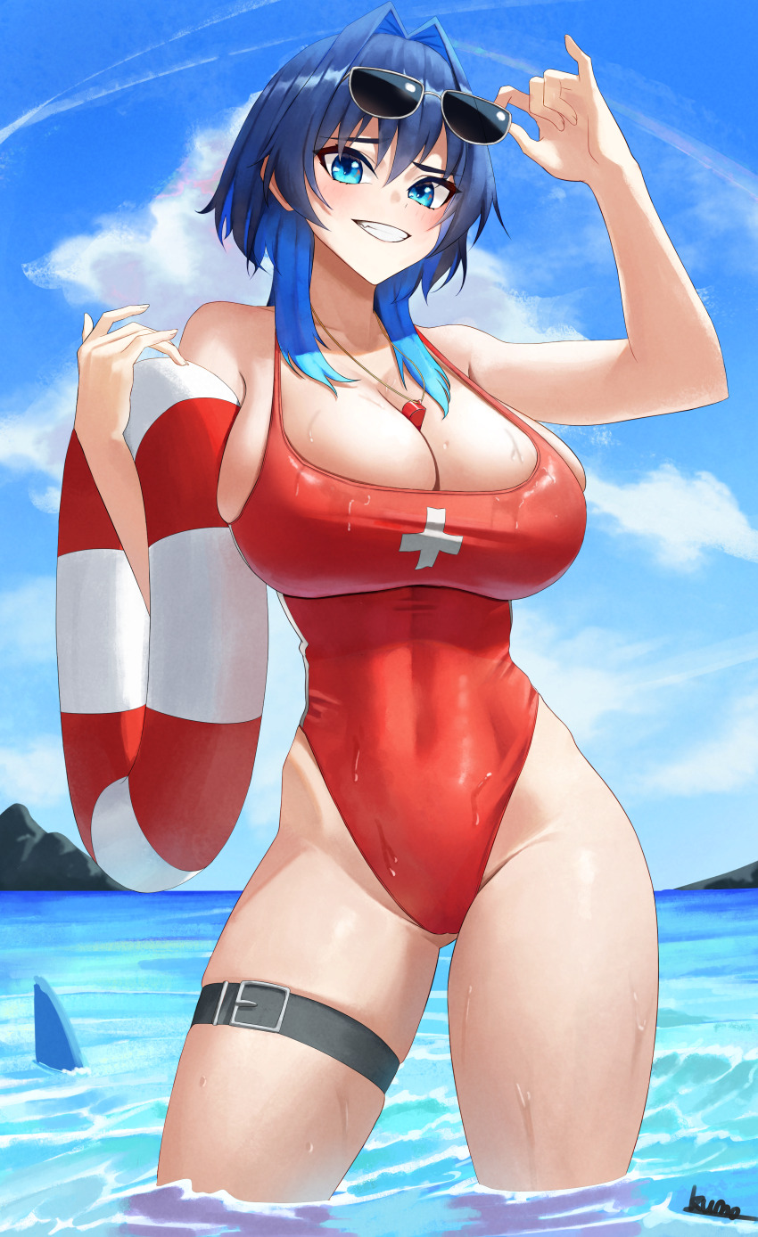 1girl absurdres adjusting_eyewear baywatch beach blue_eyes blue_hair blue_sky breasts cleavage cloud commentary contrapposto covered_navel day english_commentary eyewear_on_head highres holding holding_swim_ring hololive hololive_english innertube kuraodo_0 large_breasts lifebuoy lifeguard long_hair looking_at_viewer medium_hair ocean one-piece_swimsuit ouro_kronii outdoors red_one-piece_swimsuit shark_fin short_hair sky smile solo sunglasses swim_ring swimsuit thighs virtual_youtuber water whistle whistle_around_neck wolf_cut