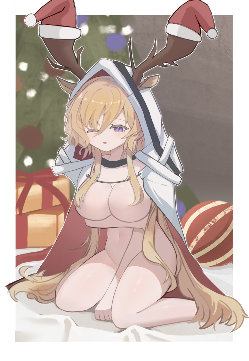 1girl ;o animal_ears antlers antlers_through_hood arknights ball blonde_hair blush border box breasts cape christmas christmas_present christmas_tree cleavage convenient_censoring deer_antlers deer_ears deer_girl ears_through_hood fur-trimmed_headwear fur_trim gift gift_box groin hair_censor hair_over_breasts hat hat_on_antlers highres horns large_breasts long_hair looking_at_viewer naked_cape navel newnigh one_eye_closed open_mouth outside_border pom_pom_(clothes) purple_eyes red_cape red_hat santa_hat sitting solo two-sided_cape two-sided_fabric very_long_hair viviana_(arknights) wariza white_border white_cape
