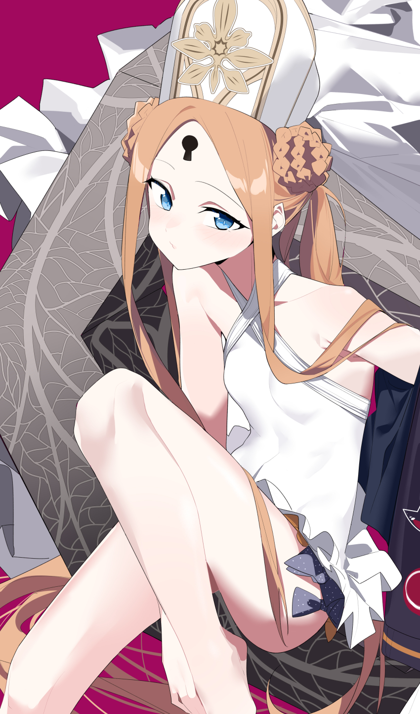 1girl abigail_williams_(fate) abigail_williams_(swimsuit_foreigner)_(fate) abigail_williams_(swimsuit_foreigner)_(second_ascension)_(fate) absurdres bare_arms bare_legs bare_shoulders barefoot braid braided_bun breasts commentary costume_request double_bun fate/grand_order fate_(series) forehead hair_bun hat highres keyhole long_hair looking_at_viewer mitre one-piece_swimsuit parted_bangs small_breasts solo swimsuit very_long_hair wako_(1194433260) white_one-piece_swimsuit
