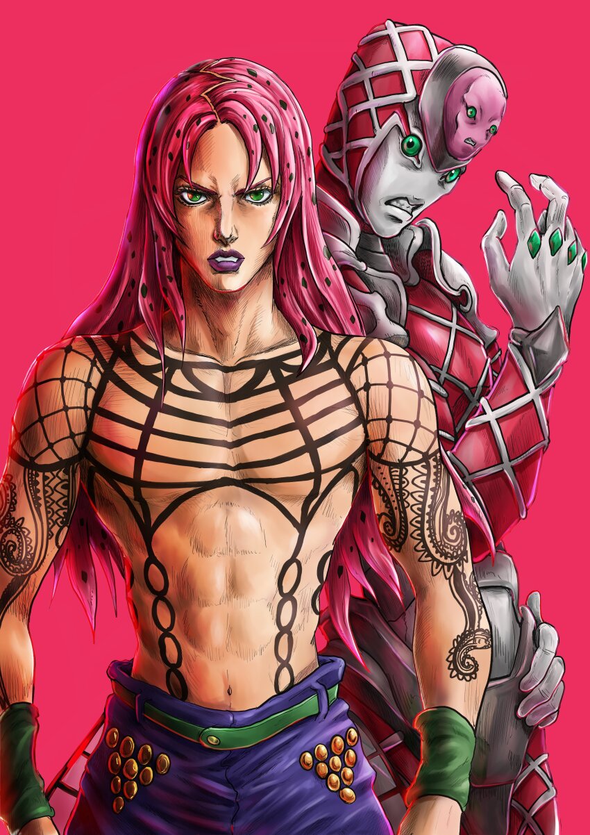 1boy 1other abs absurdres argyle_skin arm_tattoo clenched_teeth commentary commentary_request diavolo epitaph_(jojo) fishnet_top fishnets gloves green_eyes highres jojo_no_kimyou_na_bouken kaib0y king_crimson_(stand) long_hair makeup male_focus muscular pants parted_lips pectorals pink_background pink_hair purple_lips purple_pants stand_(jojo) tattoo teeth topless_male vento_aureo white_gloves wristband