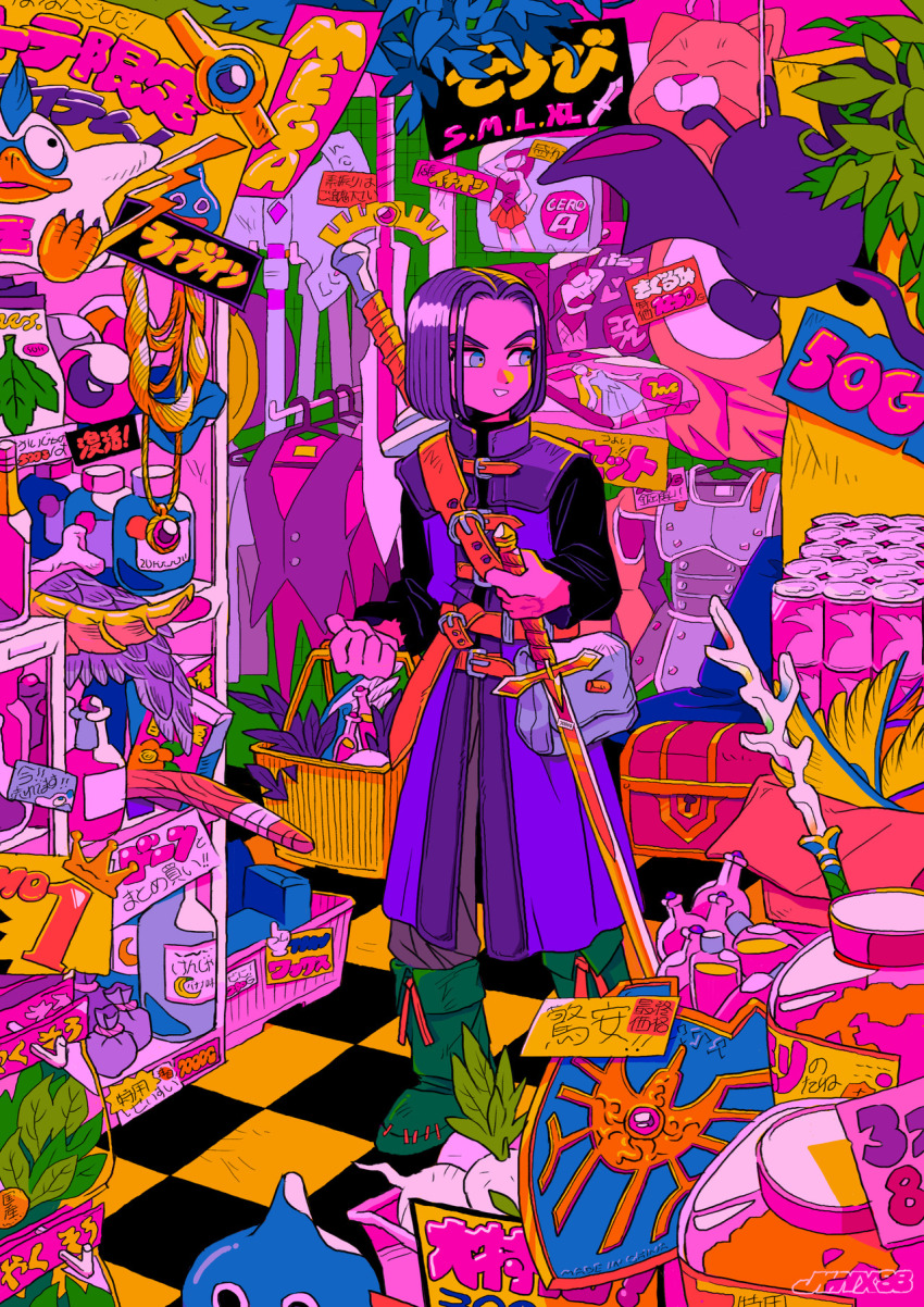 1boy ad armor axe battle_axe belt blue_eyes bone boomerang can checkered_floor clothes_hanger colorful dracky dragon_quest dragon_quest_xi drink_can eyelashes fanny_pack flask green_footwear herb hero_(dq11) highres holding holding_sword holding_weapon jinx88_(jinx) leaf male_focus multiple_swords open_mouth potion purple_hair robe round-bottom_flask shop shopping shopping_basket short_hair slime_(dragon_quest) soda_can sword sword_on_back vest weapon weapon_on_back