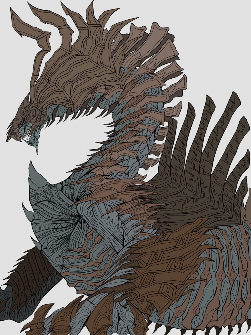 armor claws diaaarai dragon fang grey_background highres horns jin_dahaad kaiju monster_hunter_(series) monster_hunter_wilds no_humans open_mouth simple_background solo spikes wyvern