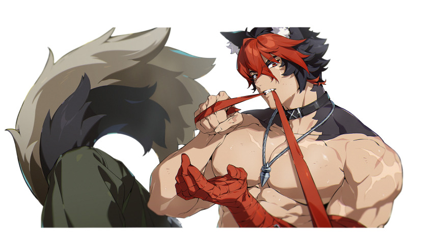 1boy abs animal_ear_fluff animal_ears bandage_in_mouth bandaged_arm bandaged_hand bandages biceps black_collar black_hair clenched_teeth collar collarbone crossed_bangs dog_boy dog_ears dog_tail green_pants hair_between_eyes hands_up highres jewelry knee_up komano_manato large_pectorals looking_at_viewer male_focus mindscape_cinema_(zenless_zone_zero) mouth_hold multicolored_hair multiple_scars muscular muscular_male necklace official_art pants pectorals red_eyes red_hair scar scar_across_eye scar_on_arm scar_on_chest scar_on_face scar_on_shoulder short_hair solo tail teeth thick_eyebrows topless_male transparent_background two-tone_hair upper_body v-shaped_eyebrows zenless_zone_zero