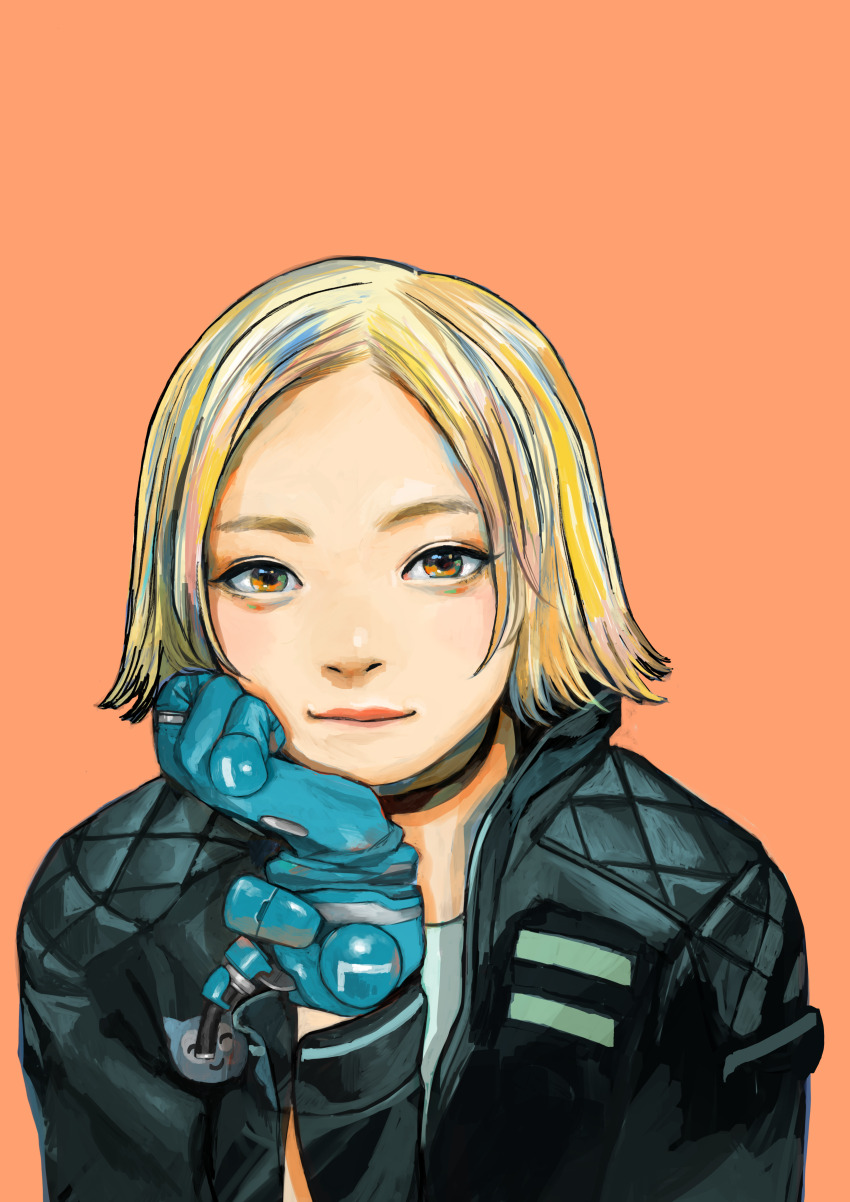 1girl absurdres black_choker black_jacket blonde_hair blue_gloves brown_eyes choker closed_mouth gloves head_rest highres jacket junjunforever leather leather_jacket long_sleeves looking_at_viewer orange_background original shirt short_hair simple_background smile solo upper_body white_shirt
