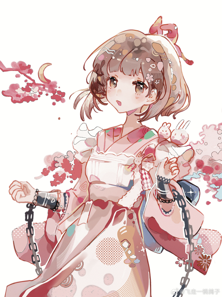 1girl :d apron bow brown_eyes brown_hair chain crescent cuffs fei_zou_yi_guo_gezi flower frilled_apron frills hair_bow hair_flower hair_ornament hands_up highres japanese_clothes kimono looking_at_viewer maid open_mouth pink_bow pink_flower pink_kimono reverse:1999 satsuki_(reverse:1999) short_hair smile solo upper_body wa_maid watermark weibo_watermark white_apron white_background wide_sleeves