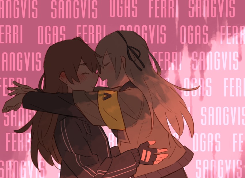 2girls blush ear_blush closed_eyes fingerless_gloves from_side girls&#039;_frontline gloves hair_ribbon hug imminent_kiss long_hair long_sleeves multiple_girls open_mouth pink_background ribbon shadow smile ump40_(girls&#039;_frontline) ump45_(girls&#039;_frontline) upper_body xinhao yuri