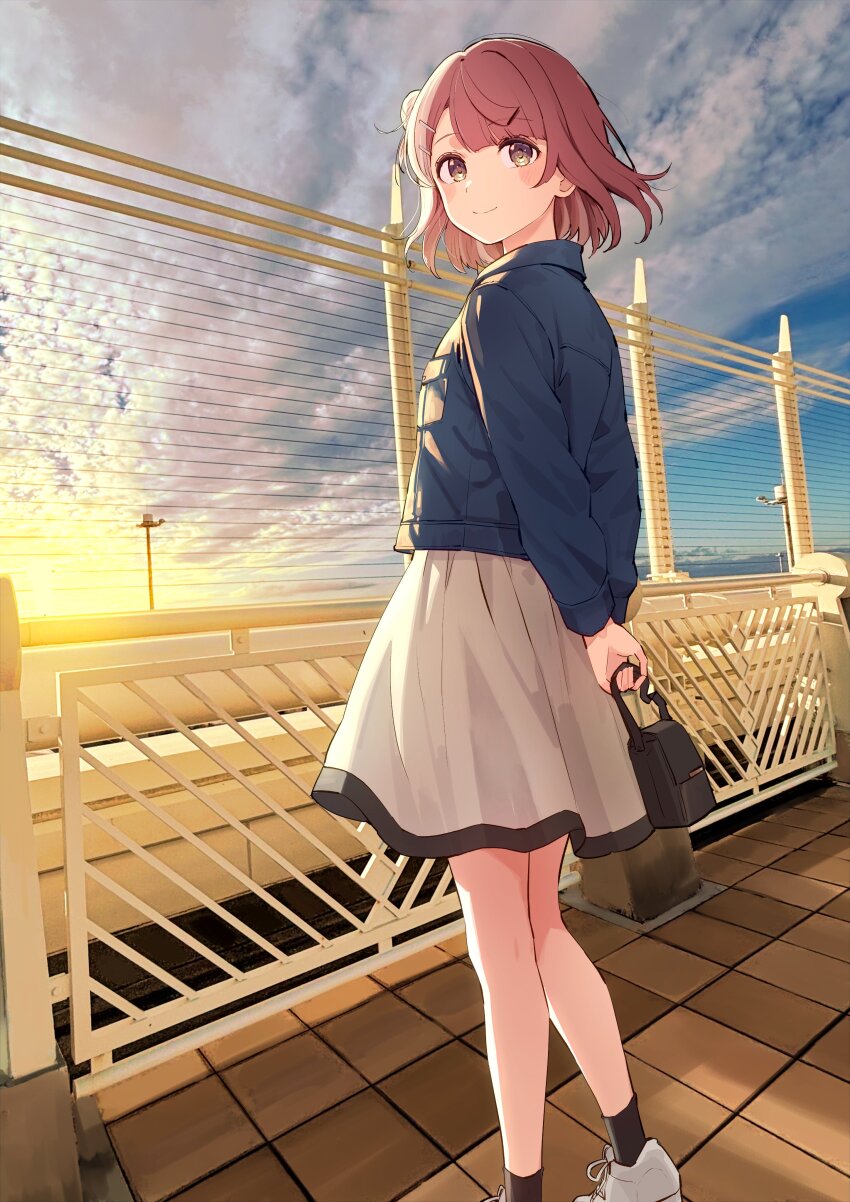 1girl absurdres arms_behind_back bag black_socks blue_jacket blunt_bangs blush closed_mouth cloud cloudy_sky commentary_request cream_(nipakupa) hair_bun hair_ornament hairclip handbag highres holding holding_bag jacket long_sleeves looking_at_viewer love_live! love_live!_nijigasaki_high_school_idol_club medium_hair outdoors pink_hair shoes single_side_bun skirt sky smile socks solo standing uehara_ayumu white_skirt yellow_eyes