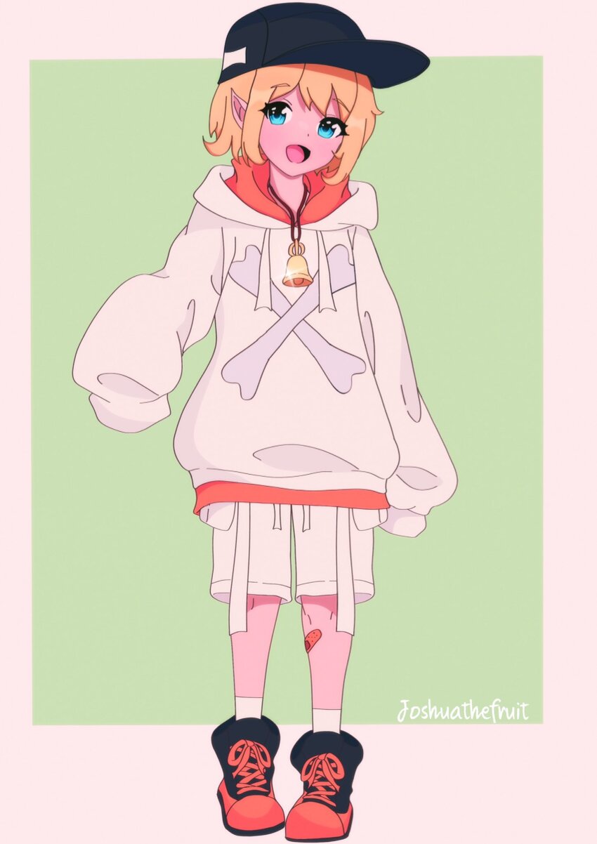 1girl bell bito_raimu blonde_hair blue_eyes eyebrows_hidden_by_hair female_focus full_body highres hood hoodie jewelry joshuathefruit looking_at_viewer necklace open_mouth orange_footwear orange_shirt pointy_ears shin_subarashiki_kono_sekai shirt short_hair shorts smile solo standing subarashiki_kono_sekai two-tone_footwear white_hoodie white_shorts