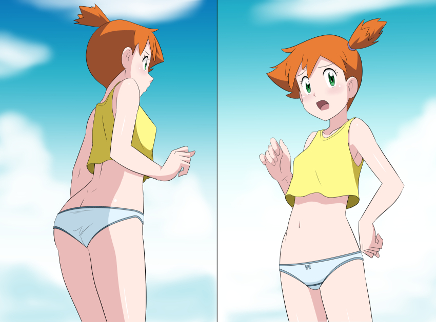 1girl armpits ass asymmetrical_hair blush breasts butt_crack dimples_of_venus gen_1_pokemon green_eyes highres kakkii legs looking_at_another looking_at_viewer medium_breasts misty_(pokemon) navel nintendo orange_hair panties pants pokemon pokemon_(anime) pokemon_(classic_anime) ponytail shirt side_ponytail smile sweat sweatdrop takaya_n tank_top thighs underwear yellow_shirt yellow_tank_top