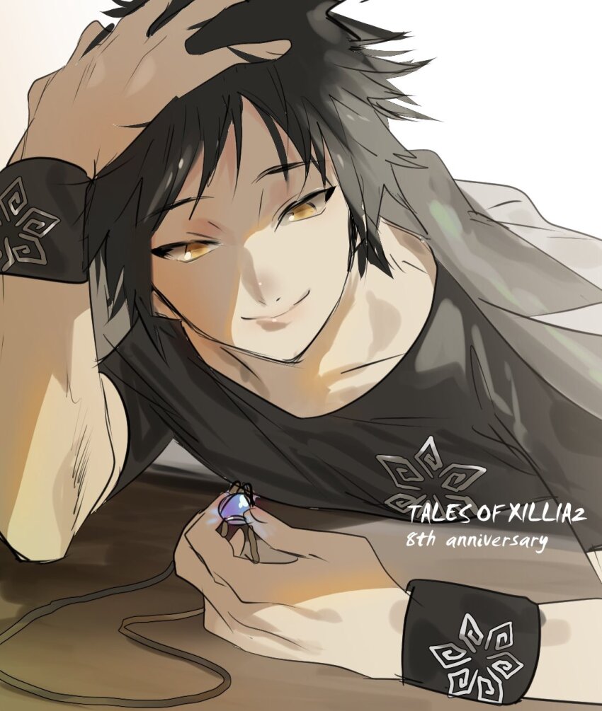 1boy anniversary black_hair black_shirt brown_eyes coat hand_on_own_head happy_anniversary highres jewelry jude_mathis male_focus mikuroron necklace shirt short_hair simple_background smile solo tales_of_(series) tales_of_xillia tales_of_xillia_2 white_background white_coat xillia_symbol