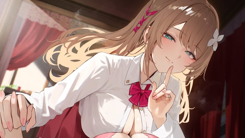 1girl absurdres alternate_hair_length alternate_hairstyle aogiri_koukou aqua_eyes blush bow bowtie breasts brown_hair cleavage closed_mouth finger_to_mouth flower hair_flower hair_ornament highres holding_hands index_finger_raised indoors kkix25 kurikoma_komaru large_breasts long_hair looking_at_viewer red_bow red_bowtie red_skirt shirt shushing skirt smile solo_focus virtual_youtuber white_flower white_shirt