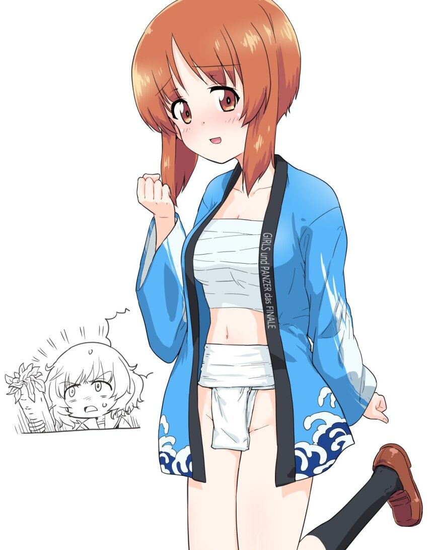 2girls akiyama_yukari blush breasts brown_eyes brown_hair fundoshi girls_und_panzer highres japanese_clothes kimono looking_at_viewer monolith_(suibou_souko) multiple_girls navel nishizumi_miho open_mouth sarashi short_hair small_breasts smile