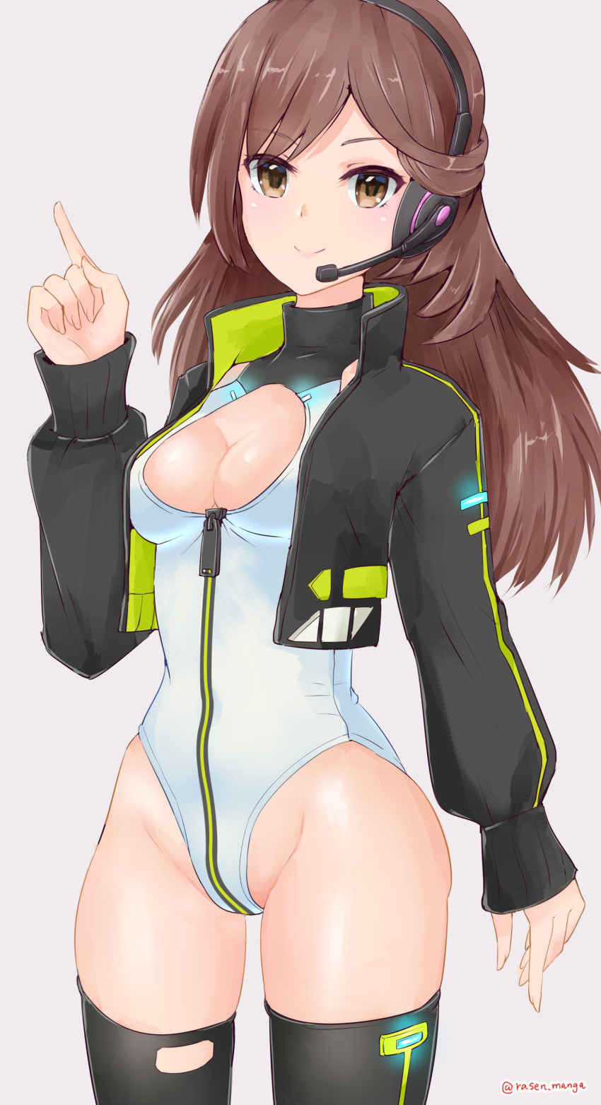 1girl absurdres alice_gear_aegis black_jacket black_thighhighs breasts brown_eyes brown_hair circle_cutout cleavage_cutout clothing_cutout commentary_request companion/af covered_collarbone front_zipper full-length_zipper grey_background headphones headset heattech_leotard highleg highleg_leotard highres index_finger_raised jacket leotard long_hair medium_breasts microphone multicolored_leotard race_queen rasen_manga sleeveless_turtleneck_leotard solo thighhighs turtleneck two-tone_leotard usamoto_anna white_leotard zipper zipper_leotard zipper_pull_tab