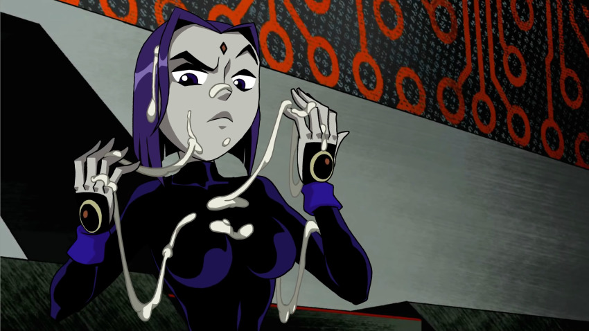 black_eyes blue_shirt breasts colored_skin confused couch cum cum_on_body cum_on_breasts cum_on_upper_body cumdrip dc_comics grey_background grey_skin highres indoors interior leotard long_sleeves nail_(hardware) petite purple_eyes purple_hair purple_shirt raised_eyebrow raised_eyebrows raised_hand raised_hands raven_(dc) shirt sitting small_breasts tagme teen_titans teen_titans_go! thick_eyebrows thick_lips wristband zone_(artist)