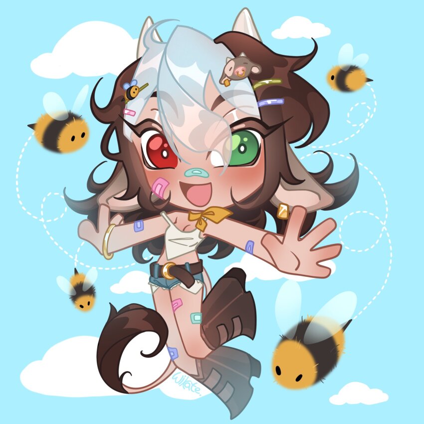 animal_ear_piercing animal_ears bandaid bandaid_on_arm bandaid_on_cheek bandaid_on_face bandaid_on_leg bandaid_on_nose bare_arms bee bee_hair_ornament belt belt_buckle blue_shorts blue_sky boots bracelet breasts bright_pupils brown_belt brown_boots brown_hair buckle bug cleavage cloud commentary commission cow_ears cow_girl cow_hair_ornament cow_horns cow_tail cropped_shirt dark-skinned_female dark_skin denim denim_shorts dotted_line english_commentary eyes_visible_through_hair floating gold_bracelet gold_buckle green_eyes hair_between_eyes hair_ornament hairclip hapymaher heterochromia high_heel_boots high_heels highres horns insect jewelry knee_boots leg_up light_blush long_hair medium_breasts midriff multicolored_hair open_mouth original red_eyes scarf short_shorts shorts signature sky smile strap_slip tail tank_top two-tone_hair white_hair white_horns white_pupils white_tank_top wikate yellow_scarf