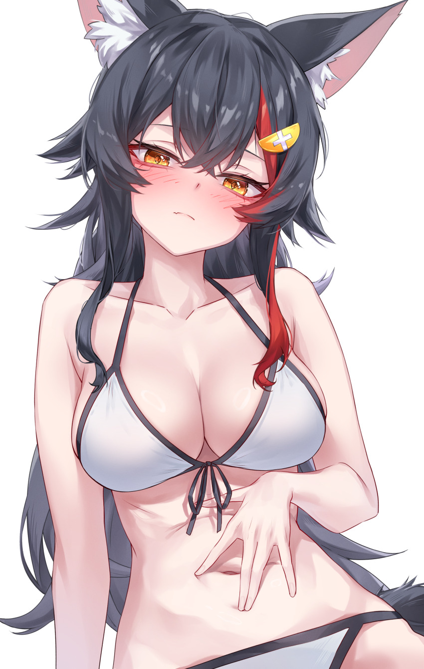 1girl \||/ absurdres animal_ear_fluff animal_ears bikini black_hair blush breasts cleavage commentary_request halterneck hand_on_own_stomach highres hololive large_breasts long_hair looking_at_viewer multicolored_hair navel ookami_mio red_hair rei_(9086) solo stomach streaked_hair string_bikini swimsuit virtual_youtuber white_background white_bikini wolf_ears wolf_girl yellow_eyes