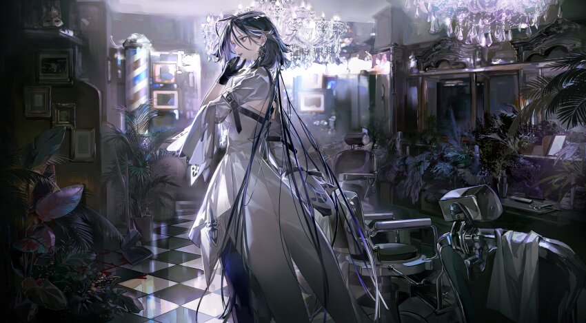 1girl absurdres adela_(path_to_nowhere) ahoge arm_strap back_cutout black_gloves chair chandelier checkered_floor clothing_cutout dress earrings gloves highres indoors jewelry jingmi long_hair long_sleeves looking_afar mirror multicolored_hair parted_lips path_to_nowhere picture_frame plant potted_plant purple_hair standing streaked_hair white_dress