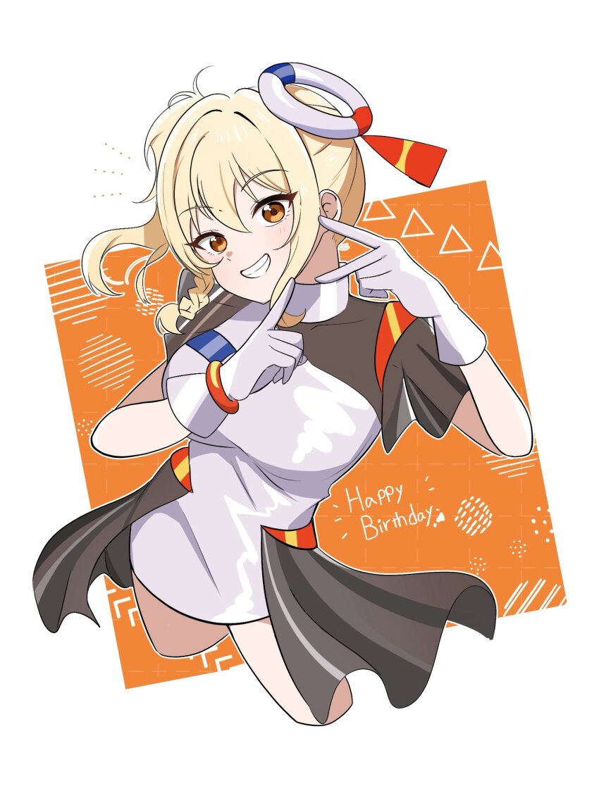 1girl blonde_hair braid breasts commentary_request cropped_legs dress eternal_light_(love_live!) gloves grin hair_between_eyes happy_birthday highres index_finger_raised looking_at_viewer love_live! love_live!_nijigasaki_high_school_idol_club medium_breasts miyashita_ai notice_lines orange_eyes ponytail ring_hair_ornament short_sleeves sidelocks smile solo v white_dress white_gloves yako2189