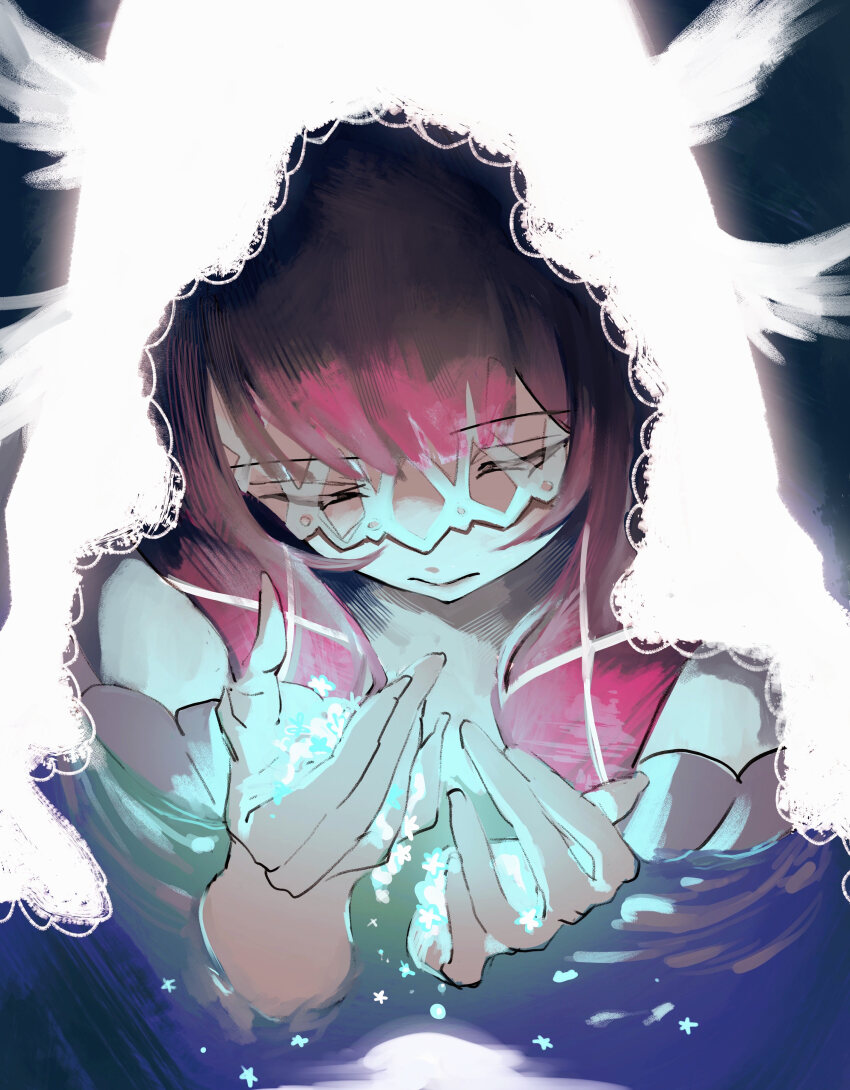 1girl absurdres angel_wings bare_shoulders black_background black_hair blue_flower closed_eyes closed_mouth columbina_(genshin_impact) dress eye_mask feathered_wings flower genshin_impact gradient_hair hands_up head_wings highres holding holding_flower long_hair mask multicolored_hair multiple_wings off-shoulder_dress off_shoulder pink_hair sa_3987 short_sleeves sidelocks simple_background solo two-tone_hair upper_body veil water white_dress white_flower white_mask white_veil wings