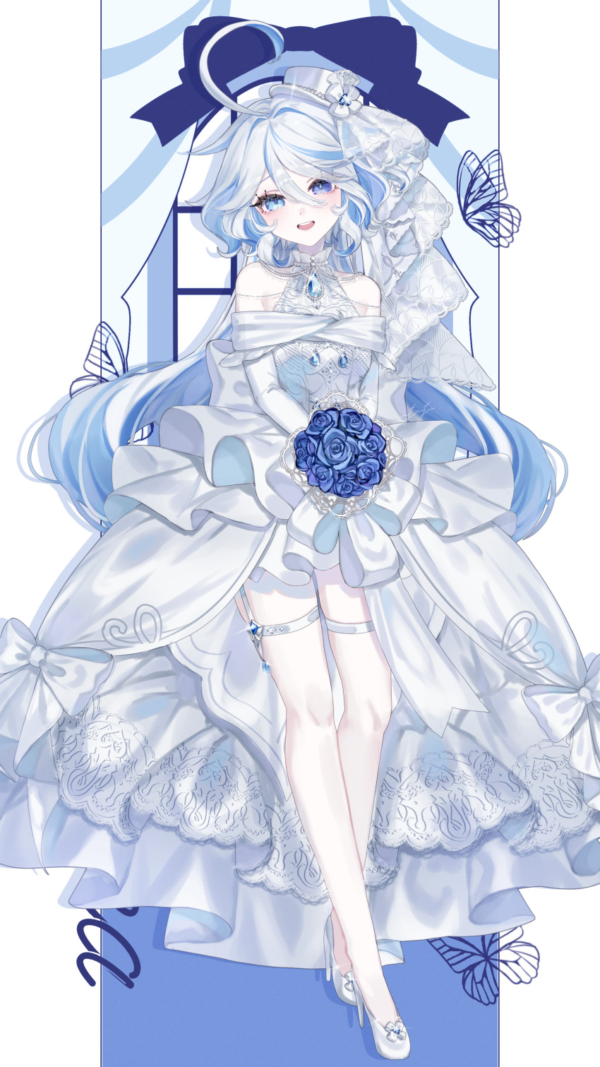 1girl absurdres ahoge alternate_costume anninufufu bare_legs bare_shoulders blue_eyes blue_flower blue_gemstone blue_hair blue_pupils bouquet commentary dress drop-shaped_pupils elbow_gloves flower full_body furina_(genshin_impact) gem genshin_impact gloves hair_between_eyes hat heterochromia high_heels highres holding holding_bouquet long_hair looking_at_viewer multicolored_hair open_mouth shoes showgirl_skirt solo standing streaked_hair symbol-only_commentary symbol-shaped_pupils teardrop-shaped_gem teeth thigh_strap upper_teeth_only very_long_hair white_dress white_gloves white_hair white_hat white_shoes