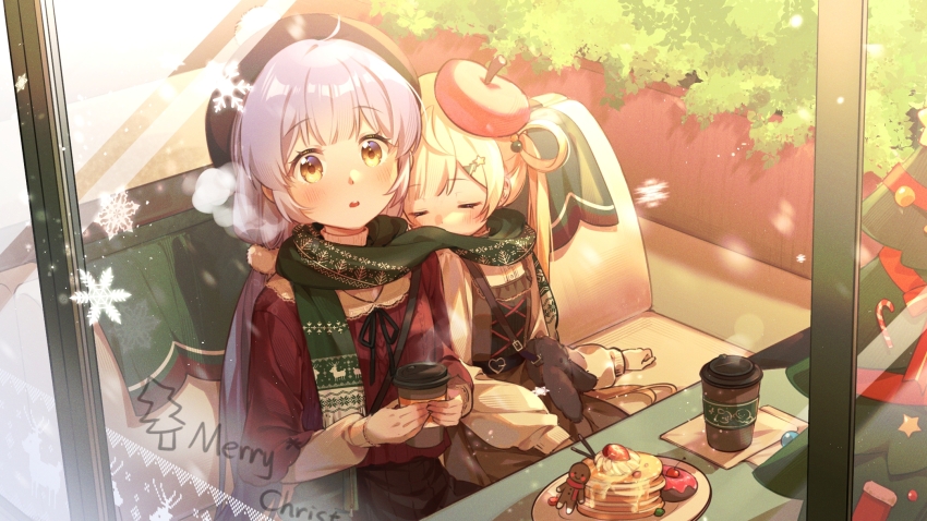 2girls ahoge beret black_dress black_hat blonde_hair blush cafe cherry chinese_commentary christmas_tree christmas_tree_hair_ornament closed_eyes commentary_request cup disposable_coffee_cup disposable_cup donut dress food from_outside fruit gingerbread_man green_scarf hair_ornament hair_rings hat highres holding holding_cup indoors light_particles long_hair long_sleeves low_twintails merry_christmas multiple_girls open_mouth original pancake pancake_stack pinafore_dress puffy_long_sleeves puffy_sleeves purple_hair red_hat red_shirt scarf shared_clothes shared_scarf shirt sitting sleeveless sleeveless_dress snowflakes star_(symbol) star_hair_ornament starringooo steam strawberry strawberry_slice sweater tissue turtleneck turtleneck_sweater twintails white_sweater yellow_eyes