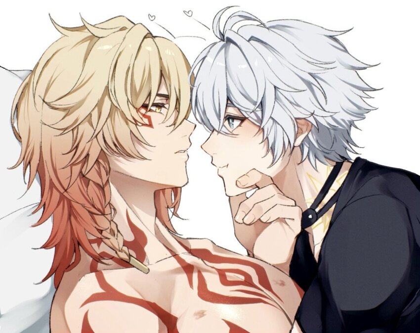 2boys antenna_hair black_choker black_shirt blonde_hair blue_eyes blush braid chest_tattoo choker dki_hti eye_contact facial_tattoo gradient_hair hair_between_eyes hand_on_another&#039;s_chin hashtag-only_commentary honkai:_star_rail honkai_(series) looking_at_another male_focus medium_hair multicolored_hair multiple_boys mydei_(honkai:_star_rail) neck_tattoo phainon_(honkai:_star_rail) red_hair red_tattoo shirt short_hair side_braid simple_background sun_symbol sun_tattoo tan tattoo topless_male white_background white_hair yaoi yellow_eyes
