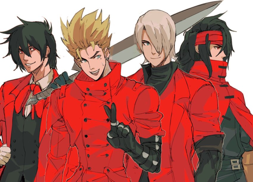 4boys alucard_(hellsing) black_hair black_shirt black_vest blonde_hair blue_eyes bow bowtie cloak coat covered_mouth crossover dante_(devil_may_cry) devil_may_cry_(series) devil_may_cry_1 dirge_of_cerberus_final_fantasy_vii earrings final_fantasy final_fantasy_vii headband hellsing highres holding holding_sword holding_weapon jewelry light_smile medium_hair multiple_boys rebellion_(sword) red_bow red_bowtie red_cloak red_coat red_eyes red_headband red_theme shirt single_earring sword tirtyturtle trigun v vash_the_stampede vest vincent_valentine weapon white_background white_hair