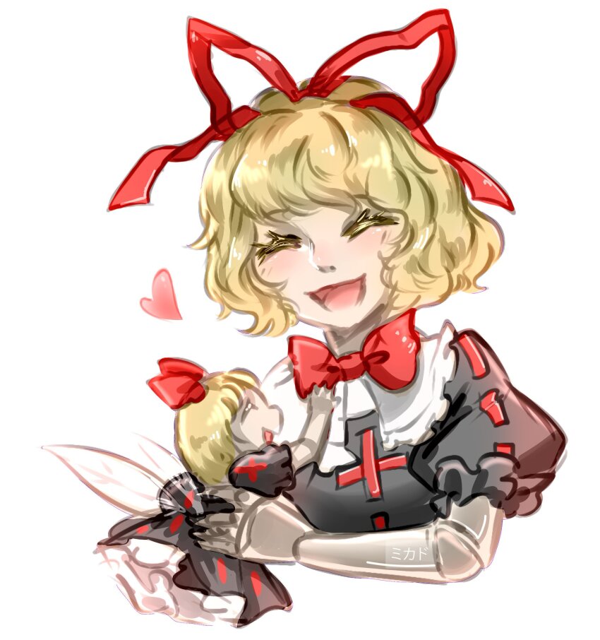 2girls ^_^ artist_name bad_id bad_twitter_id black_footwear black_shirt blonde_hair bow bowtie closed_eyes collared_shirt colored_eyelashes commentary cropped_torso doll_joints dress english_commentary fairy fairy_wings frilled_dress frilled_shirt_collar frilled_sleeves frills hair_ribbon happy heart highres holding joints light_blush luo_qiangwei medicine_melancholy multiple_girls open_mouth puffy_short_sleeves puffy_sleeves red_bow red_bowtie red_ribbon ribbon ribbon-trimmed_shirt ribbon-trimmed_sleeves ribbon_trim shirt short_hair short_sleeves simple_background smile touhou traditional_bowtie white_background wings