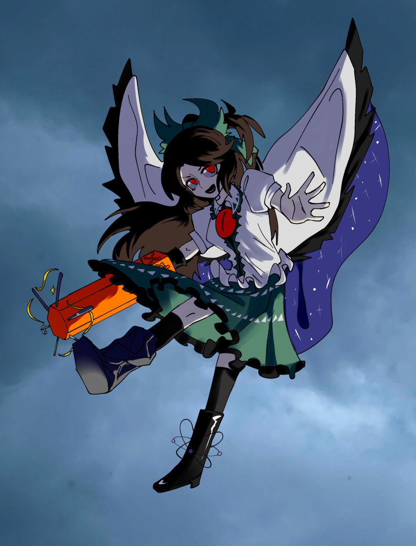1girl absurdres arm_cannon atom black_boots black_socks black_wings blue_cape boots bow brown_hair cape chinese_commentary cloud commentary_request control_rod_(touhou) feathered_wings flying frilled_shirt frilled_skirt frills full_body green_bow green_skirt grey_sky hair_bow highres long_hair looking_at_viewer open_mouth overcast parted_bangs puffy_short_sleeves puffy_sleeves red_eyes reiuji_utsuho shiri_fusang shirt short_sleeves skirt sky smile socks solo third_eye touhou two-sided_cape two-sided_fabric weapon white_cape white_shirt wings