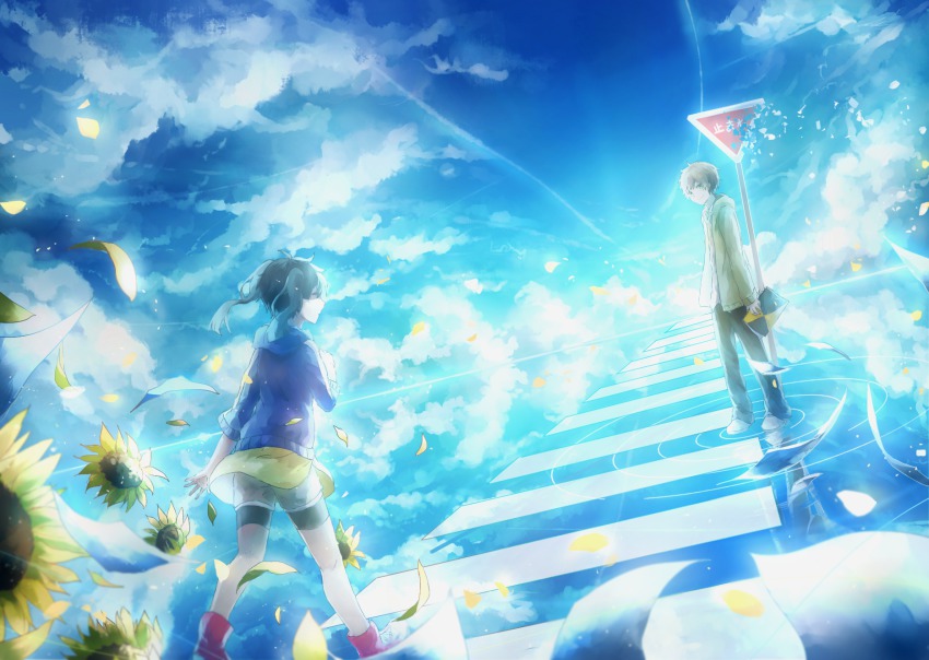 1boy 1girl bad_id bad_pixiv_id black_hair blue_sky blue_theme crosswalk domik enomoto_takane flower highres kagerou_project kokonose_haruka long_hair road_sign short_hair sign sky smile summertime_record_(vocaloid) sunflower twintails vocaloid
