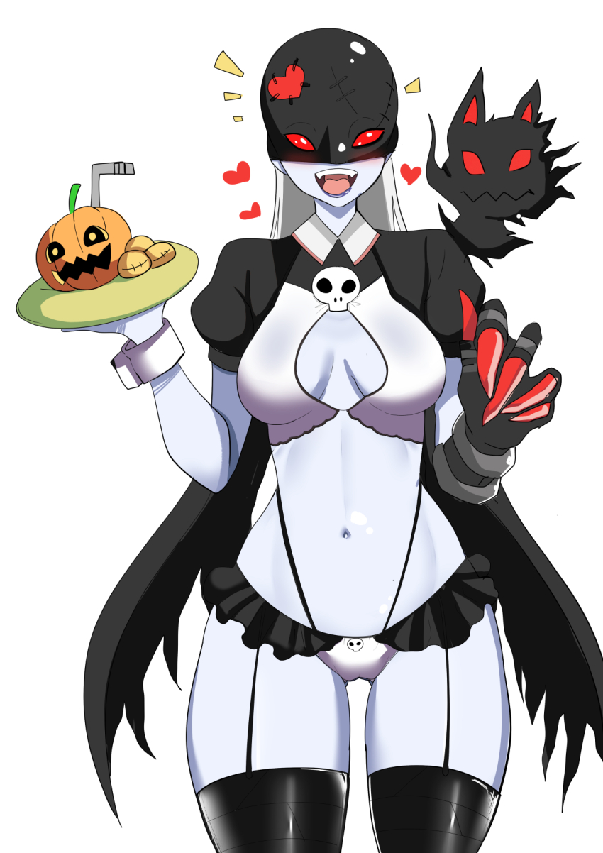 1girl breasts cuffs demon_girl digimon digimon_(creature) female_focus fingernails garter_straps halloween heart highres holding holding_plate ladydevimon light_blush long_fingernails looking_at_viewer maìd navel open_mouth pabsmikan pale_skin plate puffy_sleeves pumpkin red_eyes simple_background small_breasts standing stomach white_background white_wrist_cuffs wrist_cuffs