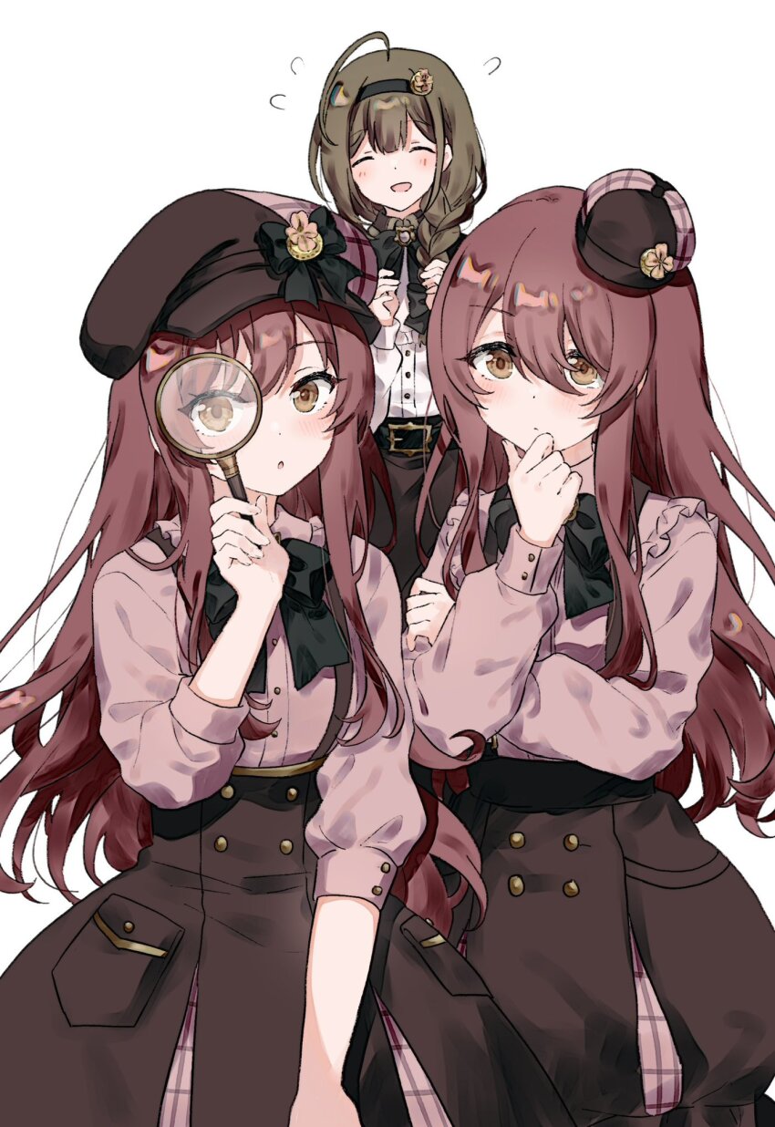 3girls ahoge alstroemeria_(idolmaster) belt black_hairband blush bow bowtie braid braided_ponytail brown_hair brown_skirt closed_eyes closed_mouth deerstalker detective frilled_shirt frills hair_between_eyes hair_ornament hair_over_shoulder hairband hand_on_own_chin hat high-waist_skirt highres holding holding_magnifying_glass holding_tool huge_ahoge idolmaster idolmaster_shiny_colors kuwayama_chiyuki long_braid long_hair long_sleeves looking_at_viewer looking_through_magnifying_glass magnifying_glass migolu mini_hat multiple_girls open_mouth osaki_amana osaki_tenka pink_shirt red_hair shirt siblings single_braid sisters skirt smile stroking_own_chin swept_bangs thinking twins white_shirt yellow_eyes