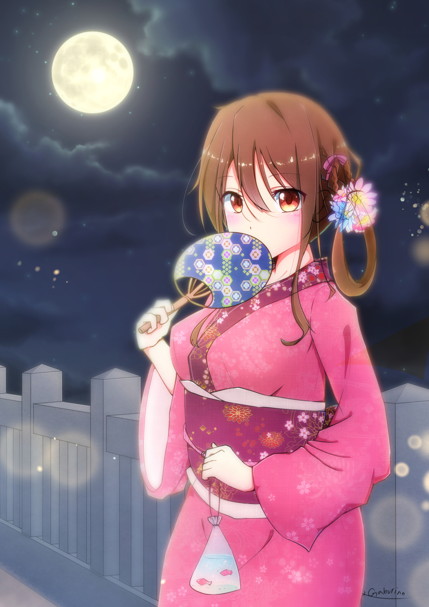 1girl 22/7 absurdres blush bow braid braided_hair_rings brown_eyes brown_hair cloud cloudy_sky covering_own_mouth cowboy_shot fan_to_mouth fish floral_print floral_print_kimono full_moon furoggu-gaburi goldfish hair_between_eyes hair_bow hair_rings hand_fan highres holding holding_fan japanese_clothes kimono lens_flare long_hair looking_at_viewer moon night night_sky outdoors pink_bow pink_kimono print_kimono red_sash sash sky solo tachikawa_ayaka twin_braids two_side_up yukata