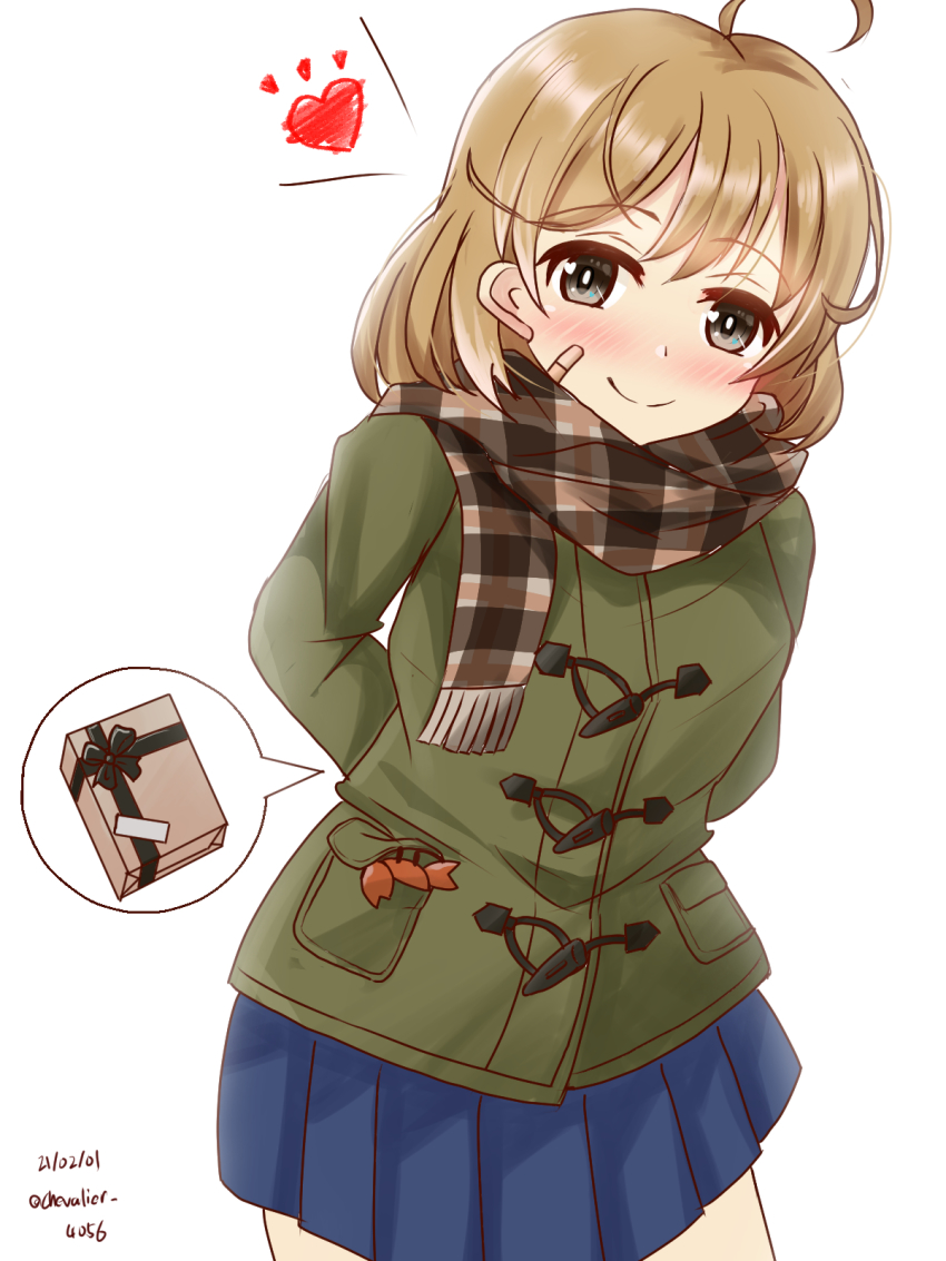 1girl bandaid bandaid_on_face blue_skirt brown_eyes brown_hair fur-trimmed_jacket fur_trim gift green_jacket heart highres jacket kantai_collection leaning_forward looking_at_viewer oboro_(kancolle) oboro_(valentine)_(kancolle) official_alternate_costume pleated_skirt sawatani_(chevalier_04056) short_hair simple_background skirt smile solo white_background